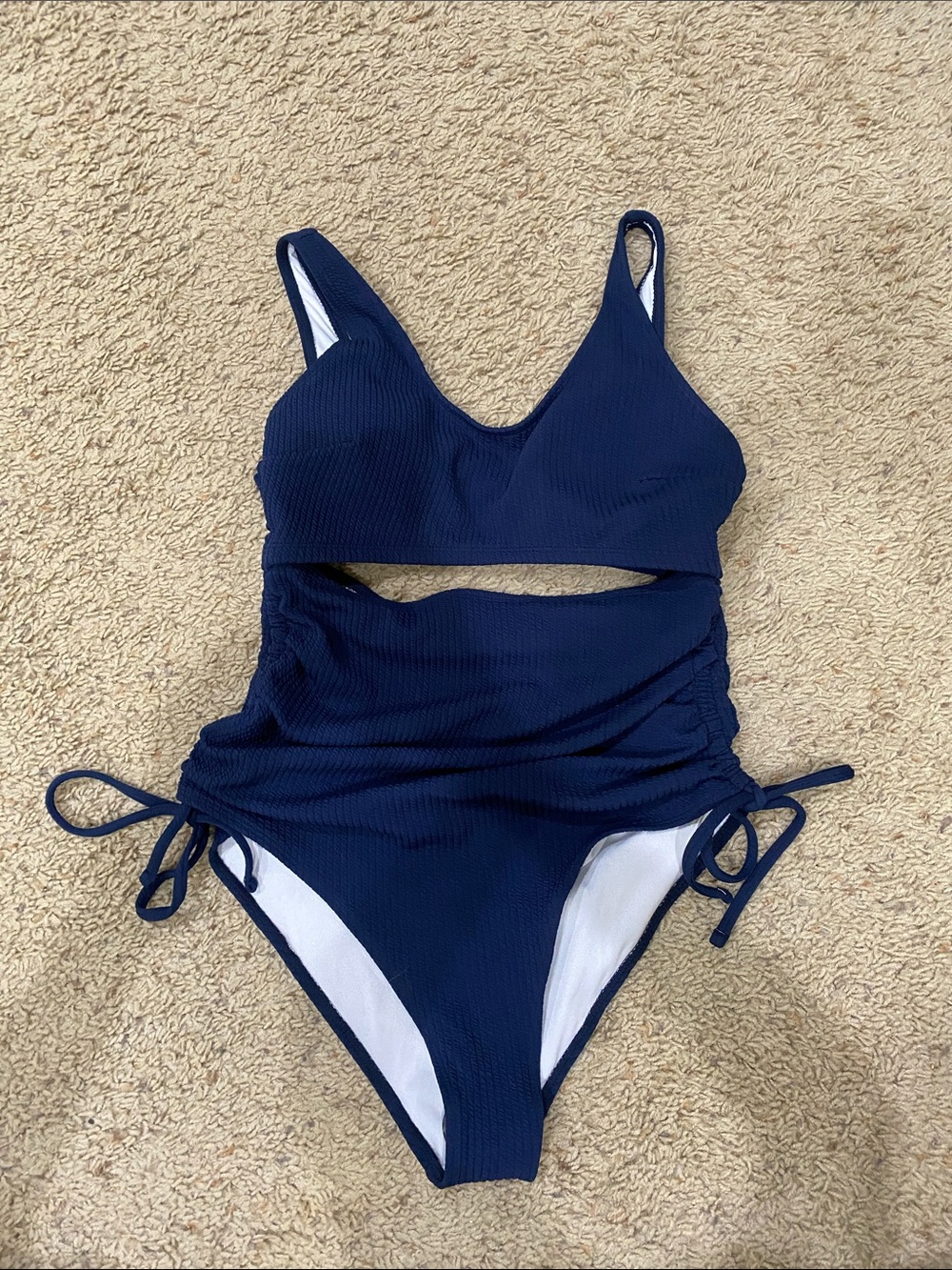 SHEIN Navy Ribbed Cutout One-Piece Swimsuit with Side Ties